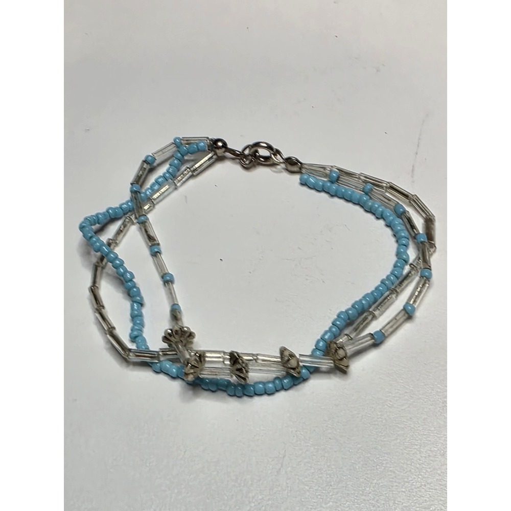 Blue and Clear Multi Strand Seed Bugle Bead Bracelet Silver Tone Floral Accents